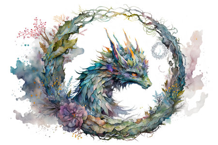 Watercolor illustration of a dragon in a wreath of flowers.の素材