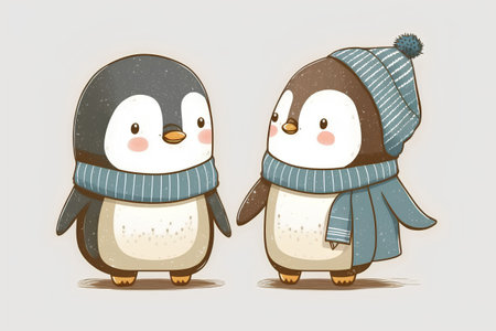 Cute penguin couple in winter hat and scarf. Vector illustration.の素材