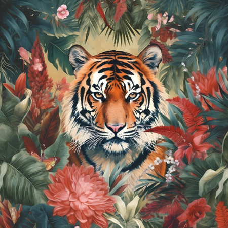 Tiger and tropical flowers. Seamless pattern. Watercolor illustration.の素材