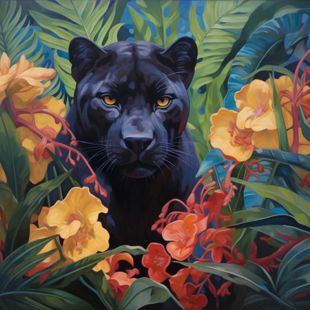 Black panther in tropical jungle with exotic flowers. Vector illustration.の素材