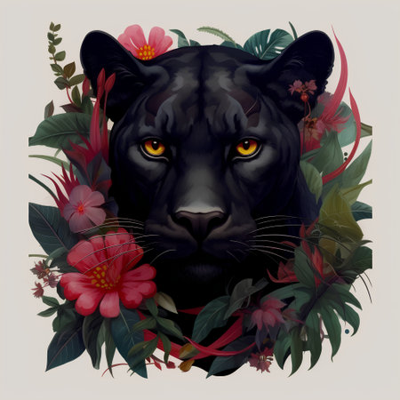 Black panther portrait with tropical leaves and flowers. Vector illustration.の素材