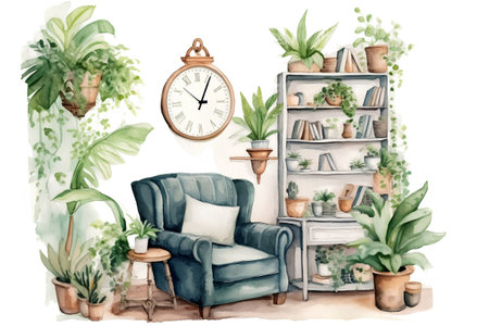 Watercolor illustration of cozy living room with armchair, bookshelf, plants and clock.の素材