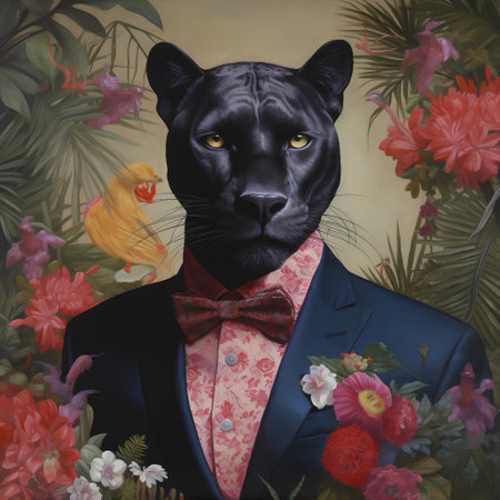 Panther in a suit with a bow tie and flowers.の素材