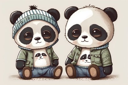 Panda bear and panda bear in warm clothes. Vector illustration.の素材