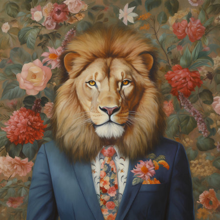 Portrait of a lion in a suit on a floral background.の素材