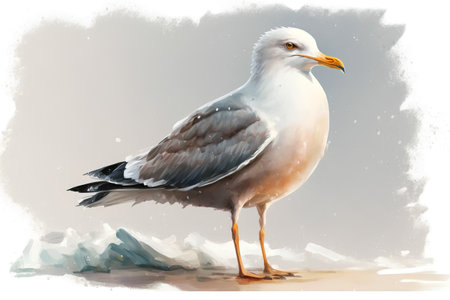 Watercolor seagull standing on snow. Watercolor illustration.の素材