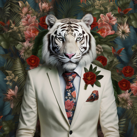 Portrait of a white tiger in a suit with a bow tie.の素材