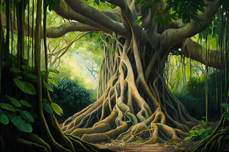 Fantasy tree in the jungle. Digital painting. 3d renderingの素材