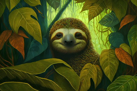 Cartoon sloth in the jungle - 3d render illustration for childrenの素材