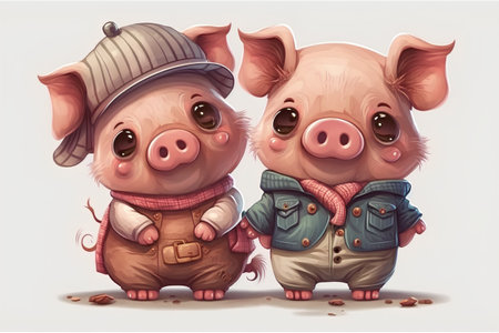 Two pigs in warm clothes and hat. Vector illustration isolated on white background.の素材