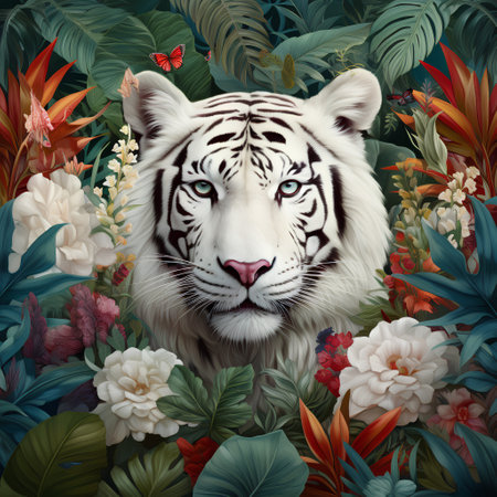 White tiger surrounded by tropical plants and flowers. Beautiful vector illustration.の素材