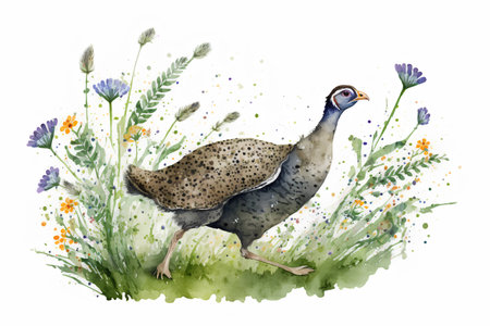 Watercolor hand drawn illustration of a guinea fowl with flowers.の素材