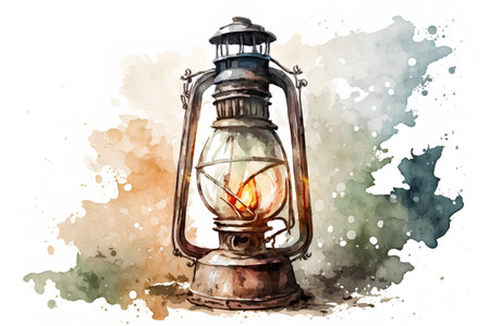 Watercolor hand drawn illustration of an old rusty kerosene lampの素材