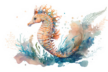 Watercolor seahorse. Hand drawn vector illustration on white background.の素材