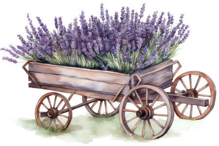 Beautiful vector image with watercolor lavender flowers in wooden cartの素材