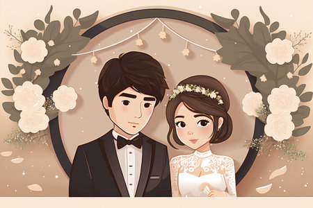 Wedding invitation card with bride and groom. Vector illustration.の素材