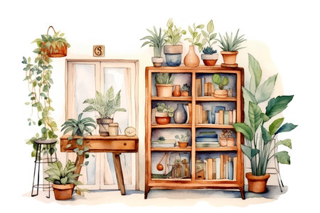 Watercolor illustration of bookshelves with houseplants in potsの素材