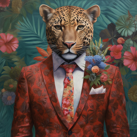 Leopard in a red suit with a bouquet of wildflowers.の素材