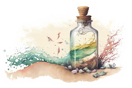 Watercolor illustration of a magic potion in a bottle on the beachの素材