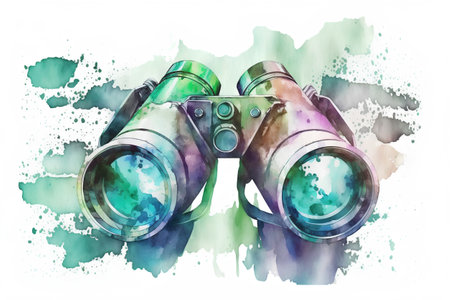 Binoculars in watercolor background. Hand drawn illustration.の素材