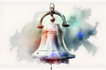Digital watercolor painting of an old bell on a white background.の素材