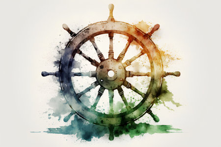Ship steering wheel watercolor background. Watercolor hand drawn illustration.の素材