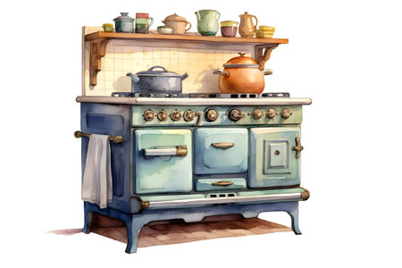 Hand drawn watercolor illustration of a vintage wooden stove with utensils.の素材