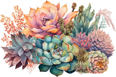 Watercolor succulent bouquet with echeveria, cacti and succulents. Hand painted illustrationの素材
