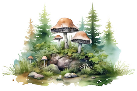 Watercolor mushrooms in the forest. Hand drawn illustration isolated on white backgroundの素材