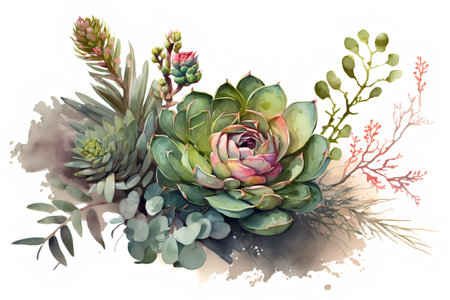 Watercolor succulent bouquet with eucalyptus and succulents. Hand drawn illustrationの素材