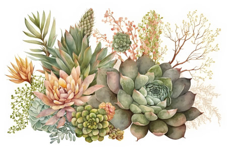 Watercolor succulent bouquet. Hand painted succulent illustration.の素材