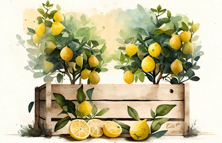 Watercolor illustration of lemons in a wooden box. Hand drawn illustration.の素材