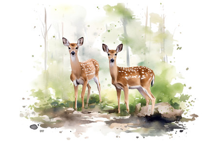 Watercolor illustration of a pair of fawns in the forestの素材