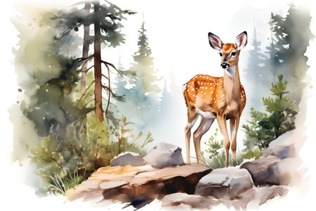 Watercolor illustration of a whitetail deer in the forest.の素材