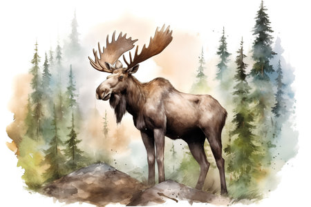 Watercolor illustration of a moose standing on a rock in the forestの素材
