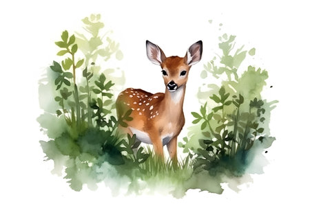 Watercolor illustration of a fawn in a meadow with grass.の素材