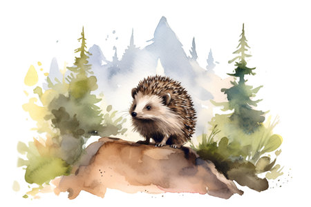 Watercolor hedgehog on the rock. Hand drawn illustration isolated on white backgroundの素材