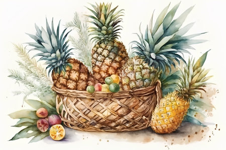 Watercolor illustration of a basket with tropical fruit. Pineapples and lemons.の素材