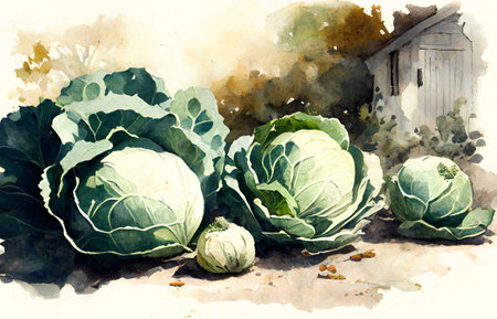 Watercolor illustration of fresh cabbage in the garden. Watercolor painting.の素材