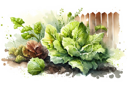Watercolor vector illustration of cabbage growing in the garden. Cabbage with leaves.の素材