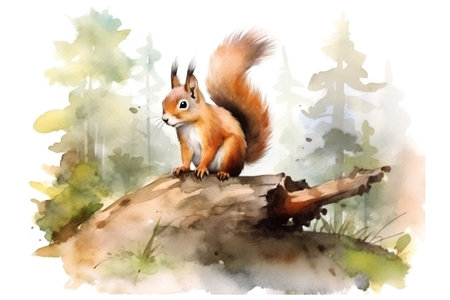 Watercolor squirrel in the forest. Hand drawn illustration on white backgroundの素材