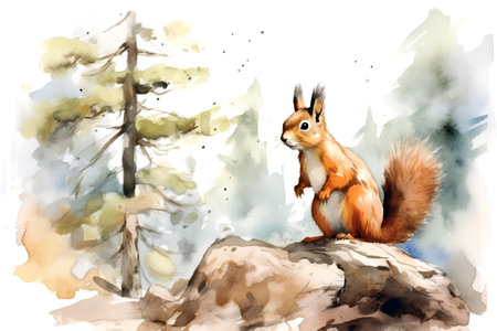 Watercolor squirrel in the forest. Watercolor hand drawn illustration.の素材