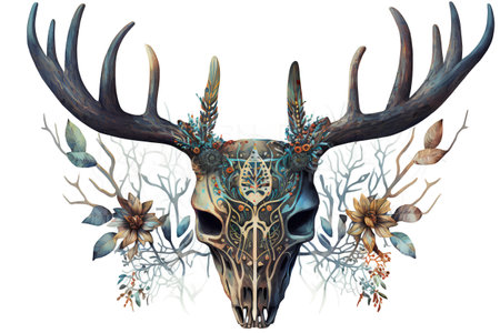Skull of deer with antlers and flowers. Vector illustration.の素材