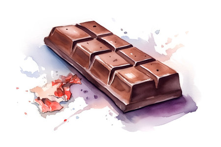 Chocolate bar with broken pieces. Watercolor hand drawn illustration on white backgroundの素材