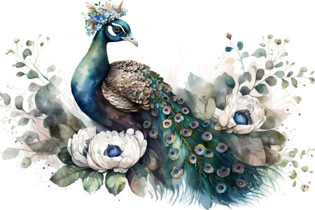 Peacock with flowers. Watercolor illustration, isolated on white backgroundの素材