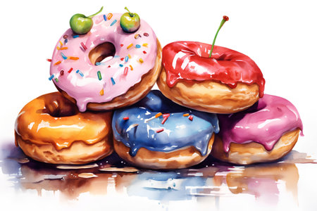 Watercolor illustration of donuts with glaze and sprinkles.の素材