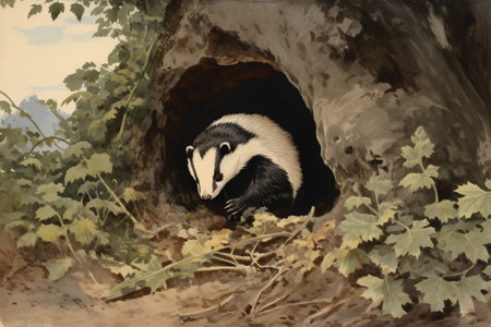 Badger in a hole in the tree. Digital painting illustration.の素材