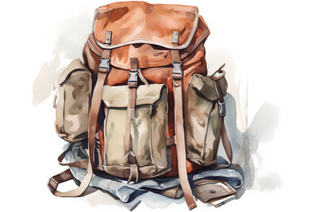 Watercolor illustration of a backpack on a white background. Hand-drawn illustrationの素材