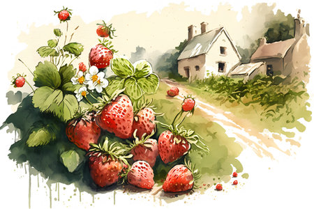 Ripe strawberries in the garden. Hand drawn watercolor illustration.の素材