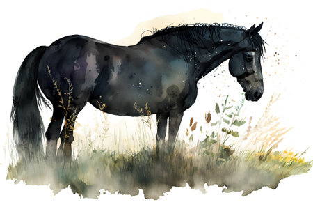 Watercolor black horse in the meadow. Hand drawn illustration.の素材